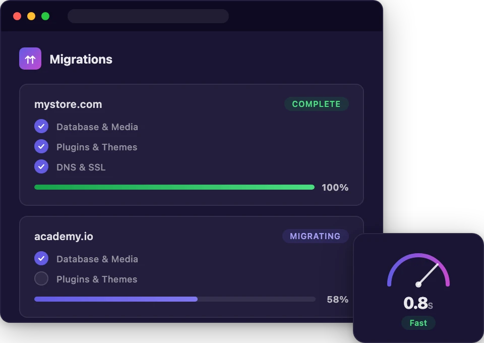 Migration dashboard showing site transfer progress with speed gauge