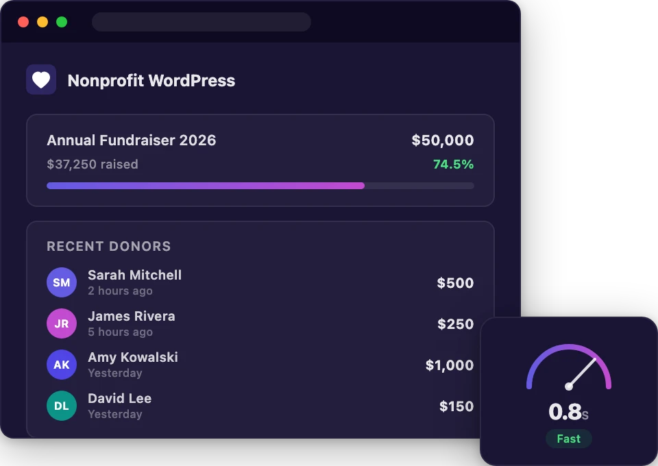 Nonprofit WordPress hosting dashboard with speed gauge