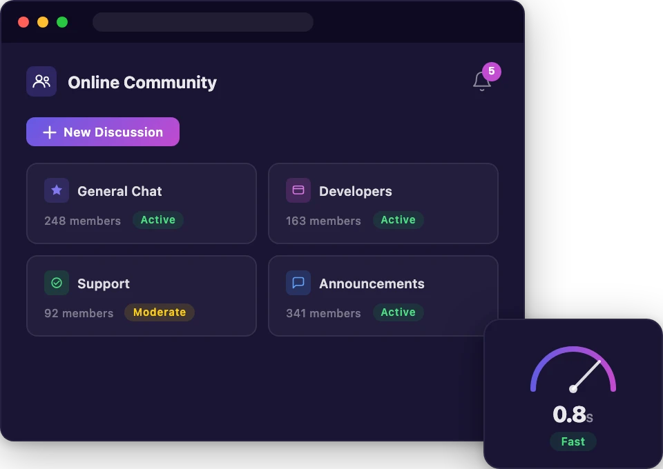 Online community hosting dashboard with activity feed and speed gauge