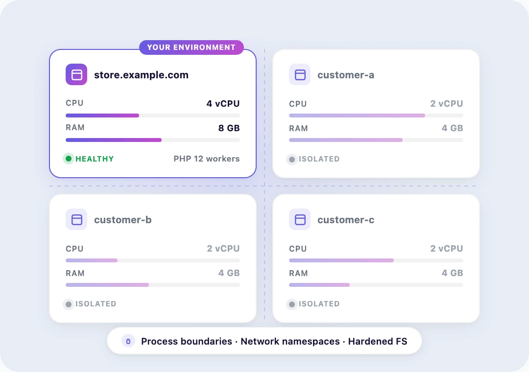 Multiple sealed containers running on isolated infrastructure with no shared runtime