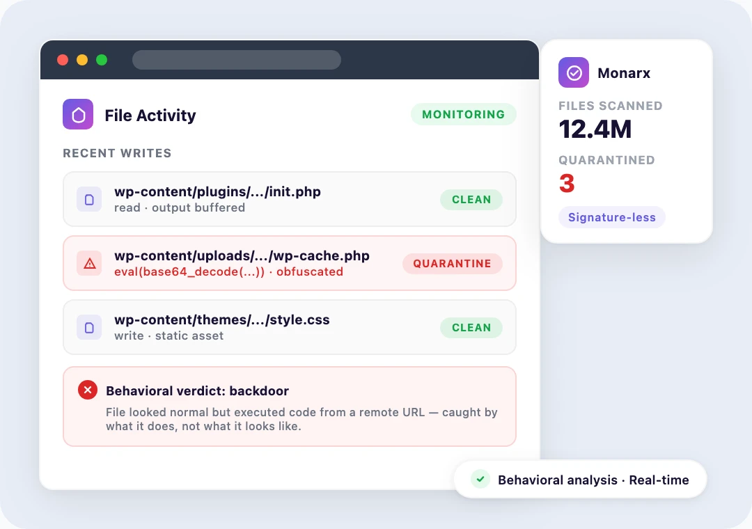 File system scan finding and quarantining a malicious file with a clean status indicator