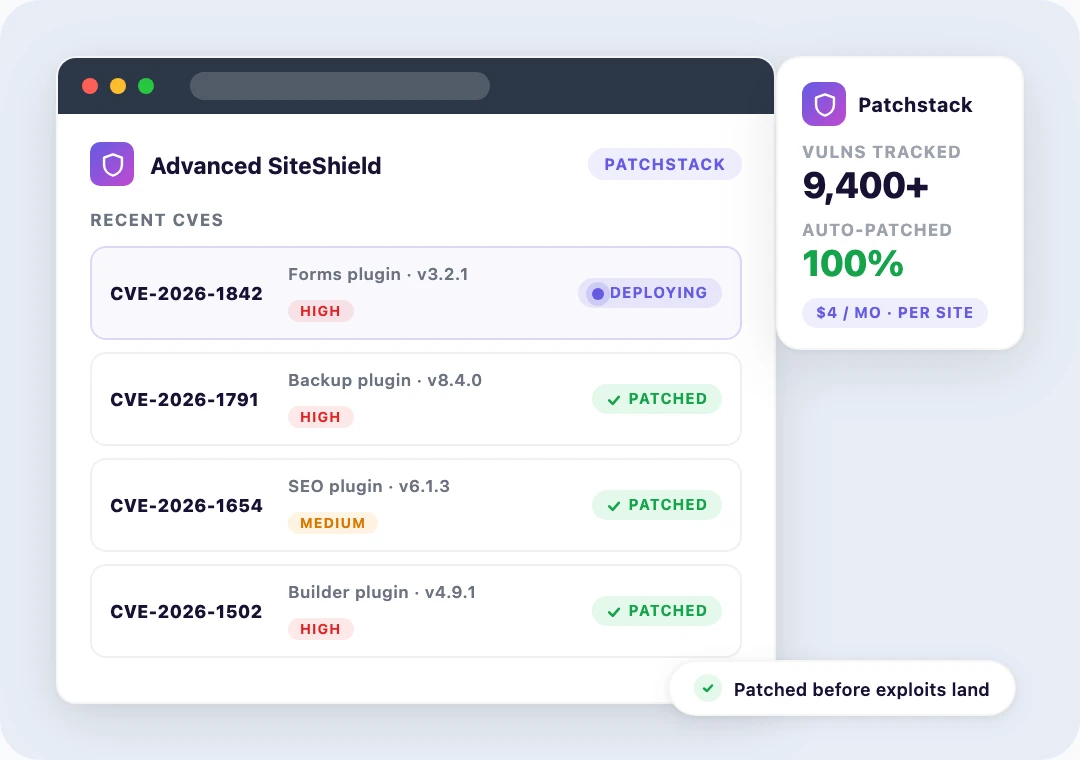 Timeline of a plugin vulnerability disclosure with virtual patches deployed automatically and attack attempts blocked before the official update lands