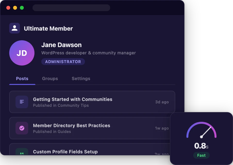 Ultimate Member hosting dashboard with member directory and speed gauge