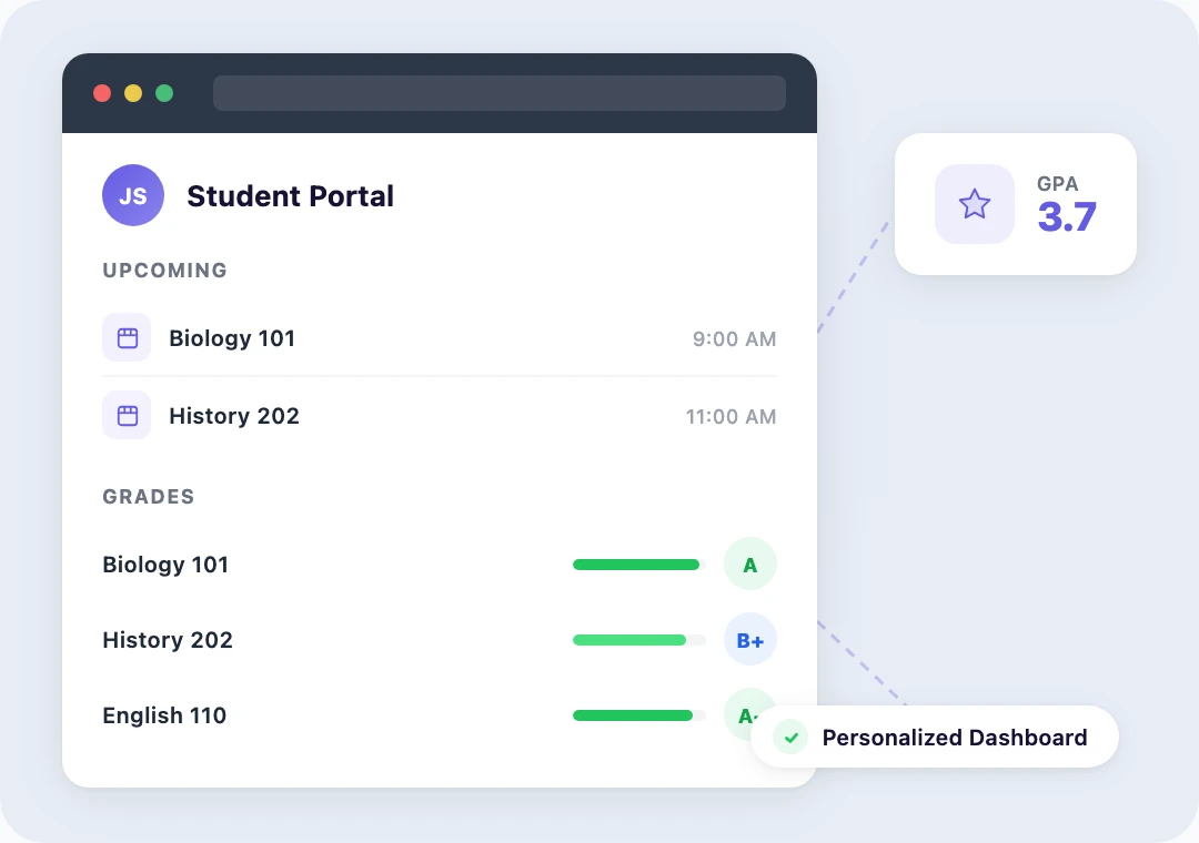 Student portal showing personalized dashboard with course schedule and grades