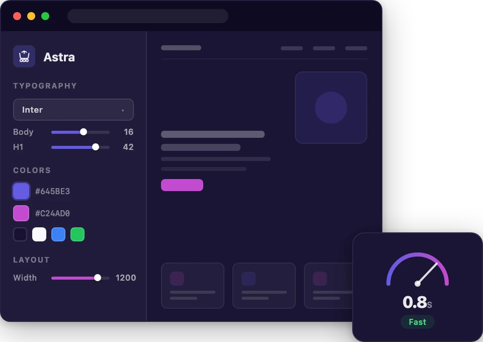 Astra theme hosting dashboard with starter templates and speed gauge
